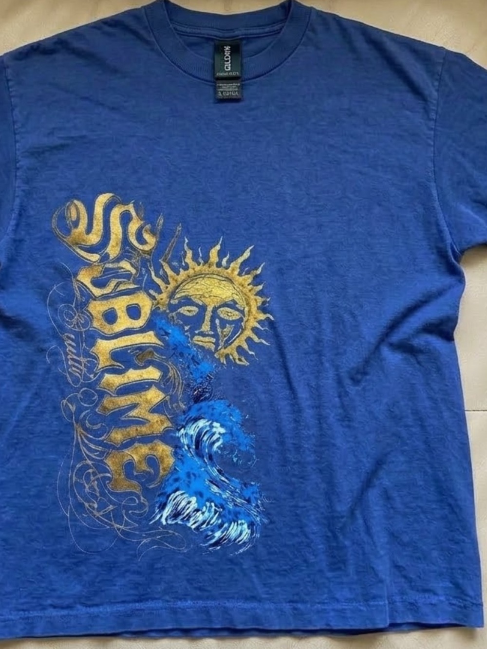 Gildan Royal Blue Tee with Gold Sun and Blue Wave Graphic